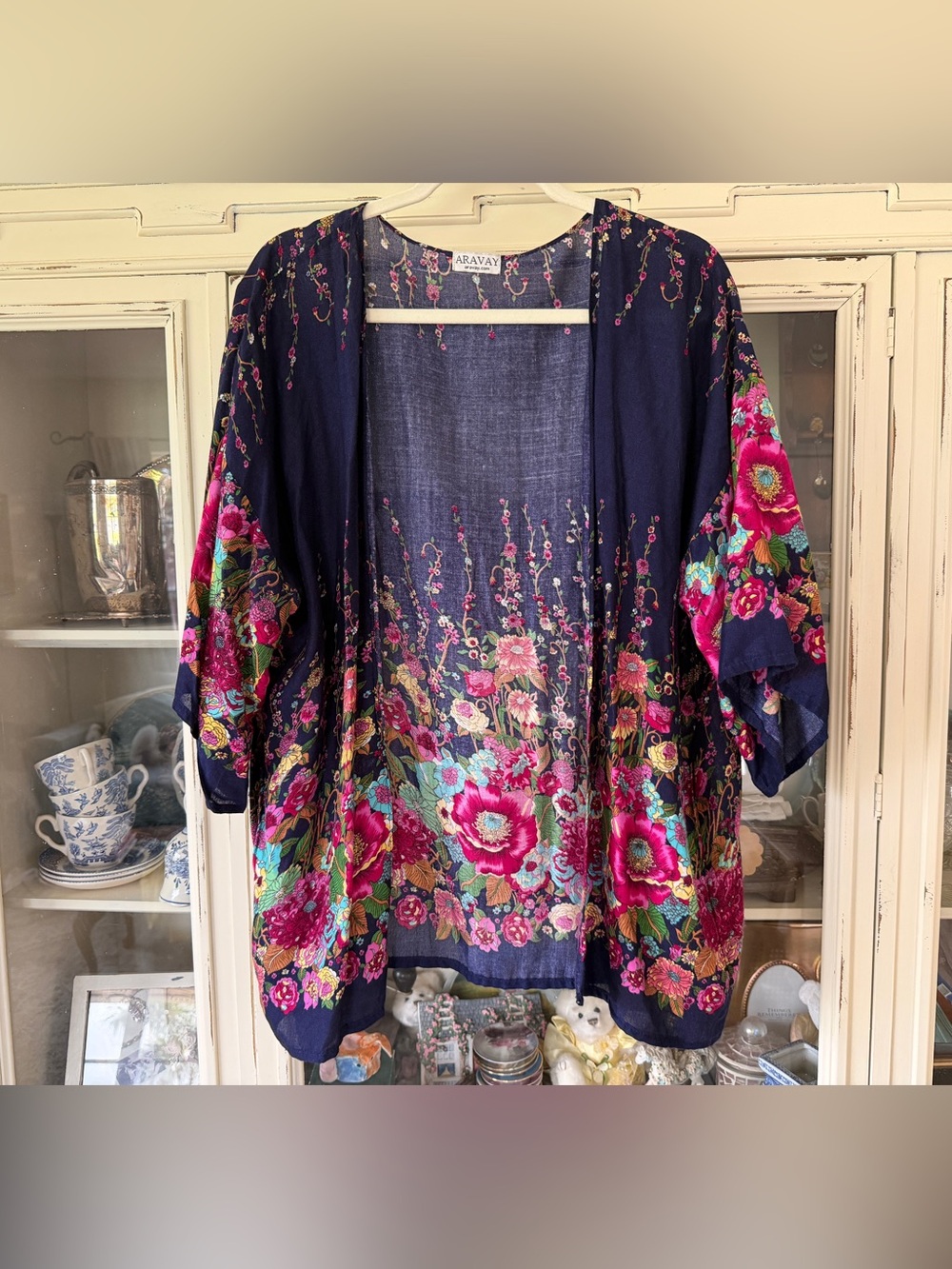 Floral Navy Kimono Tunic with Bright Pink Blooms